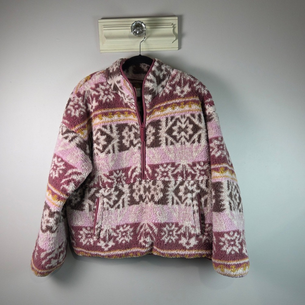 Sundance Sherpa Fleece Pullover Women XL Pink Excellent Fair Isle Snowflake Zip